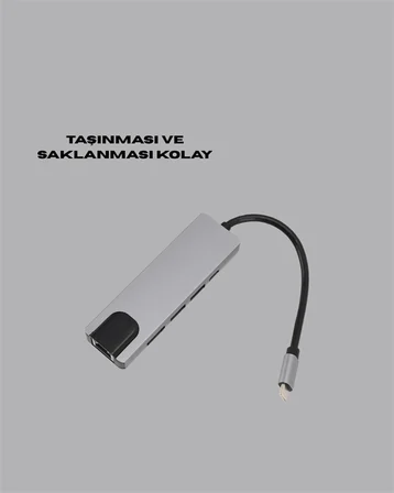 Mey İthalat Alüminyum Gövdeli Type‑C HDMI & Ethernet Adaptör – Tak & Çalıştır