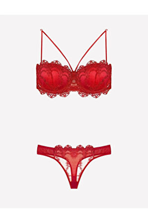 Kadın Kırmızı Destekli Dantelli Büstiyer Takım Set Yeni Sezon