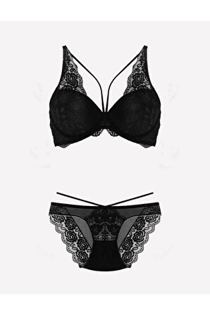 Kadın Siyah Destekli Danteli Büstiyer Takım Set 4426