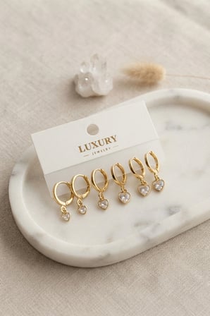 Mey İthalat Kalp Zirkon Taşlı Gold Renk Pirinç Set Küpe