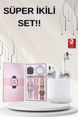 Mey İthalat 3 Kordonlu Dokunmatik Ekran Akıllı Saat ve 2.Nesil Kablosuz Bluetooth Kulaklık ANC/ENC