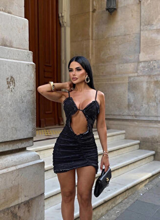 Askılı Fırfırlı Dekolteli Desenli Tül Mini Elbise