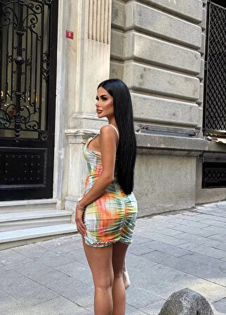 Askılı Fırfırlı Dekolteli Desenli Tül Mini Elbise