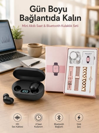 Mey İthalat Nabız Ölçer Hediye Bileklikli Akıllı Saat ve Dijital Göstergeli Bluetooth Kulaklık Çoklu Şarj Girişi
