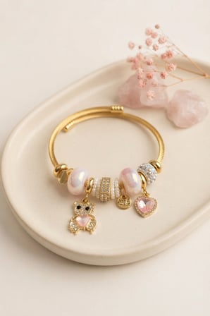 Mey İthalat Tedy Bear Model Gold Renk Pembe Charmlı Bileklik