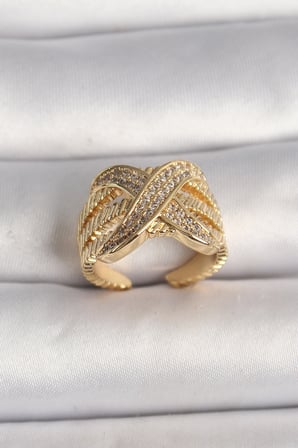 Mey İthalat Pirinç Gold Renk Ayarlanabilir Zirkon Taşlı X Model Kadın Yüzük