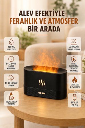 Mey İthalat Alev Efektli Ultrasonik Aroma Difüzörü 180 ML LED Işıklı Hava Nemlendirici