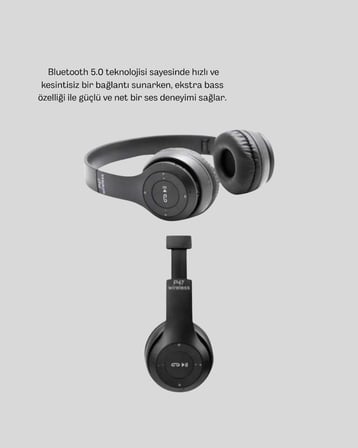 Bluetooth 5.0 Kablosuz Kulaklık – Extra Bass, TF Kart Desteği, 3.5mm AUX Girişli
