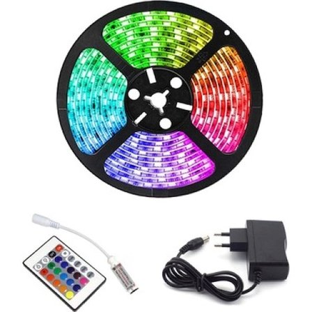 Mey İthalat Rgb Şerit 5 Metre 16 Renkli Kumandalı Adaptörlü Çift Taraflı Bant