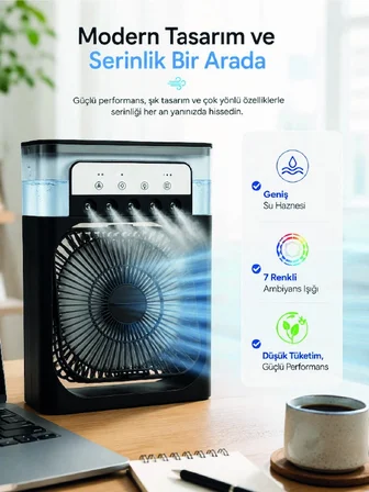 Mey İthalat Masaüstü Püskürtmeli Serinletici Fan 5 Sisleme, 3 Fan Hızı, 7 Renk Ambiyans Işığı