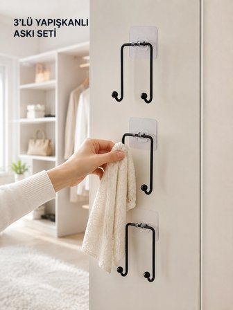 Mey İthalat 3'lü Duvar Tipi Yapışkanlı Askılık Ev ve Yaşam Alanları İçin Pratik Set