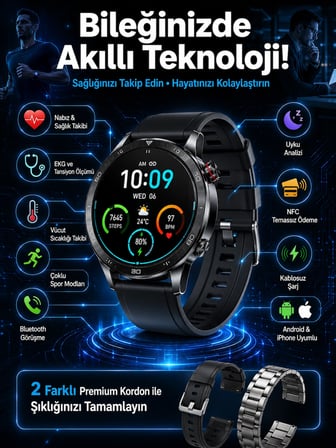 Mey İthalat Çift Kordonlu Yüksek Çözünürlüklü Akıllı Saat Uyku İzleyici & Spor Modları