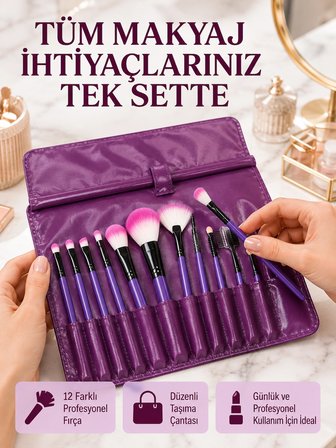 Mey İthalat Yumuşak Fiber Kıllardan Oluşan 12'li Makyaj Fırçası Seti Göz Farı Allık ve Kontür İçin
