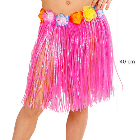 Yetişkin Ve Çocuk Uyumlu Pembe Renk Püsküllü Hawaii Luau Hula Etek 40 Cm