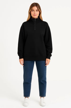 Üç İplik Dık Yaka Yarım Fermuarlı SweatShirt - Siyah