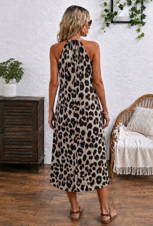 Kadın Omuzlardan Açık Yakada Halka Detaylı Leopar Desenli Midi Süprem Elbise