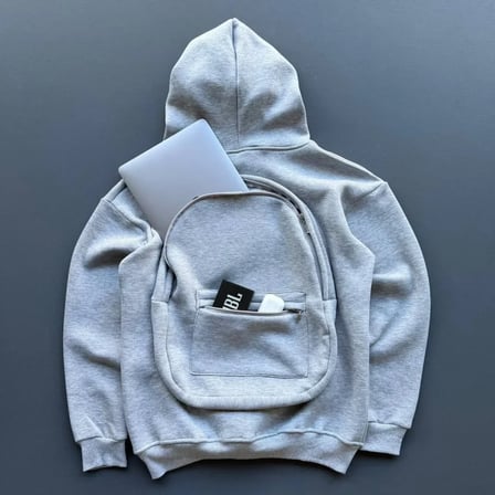 3 İplik Şardonlu Tam Fermuarlı Kapüşonlu Arka Çanta Detaylı Sweatshirt - Gri