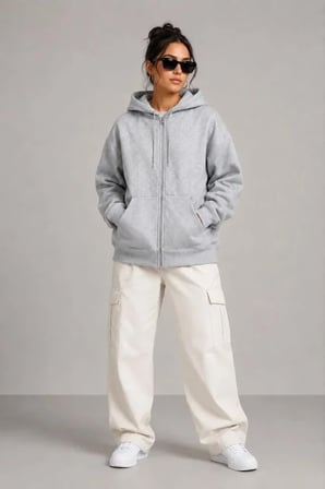 3 İplik Şardonlu Tam Fermuarlı Kapüşonlu Arka Çanta Detaylı Sweatshirt - Gri