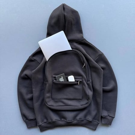 3 İplik Şardonlu Tam Fermuarlı Kapüşonlu Arka Çanta Detaylı Sweatshirt - Siyah