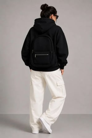 3 İplik Şardonlu Tam Fermuarlı Kapüşonlu Arka Çanta Detaylı Sweatshirt - Siyah