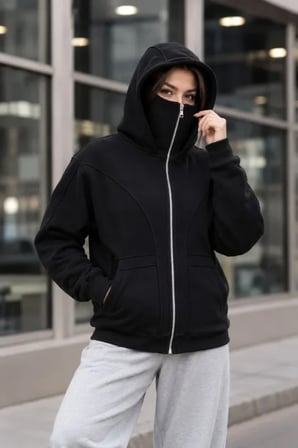 Maskeli Ninja Model Çift Kapüşonlu 3 İplik Şardonlu Fermuarlı Oversize Sweatshirt - Siyah