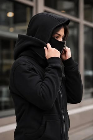 Maskeli Ninja Model Çift Kapüşonlu 3 İplik Şardonlu Fermuarlı Oversize Sweatshirt - Siyah