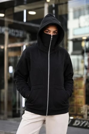 Maskeli Ninja Model Çift Kapüşonlu 3 İplik Şardonlu Fermuarlı Oversize Sweatshirt - Siyah