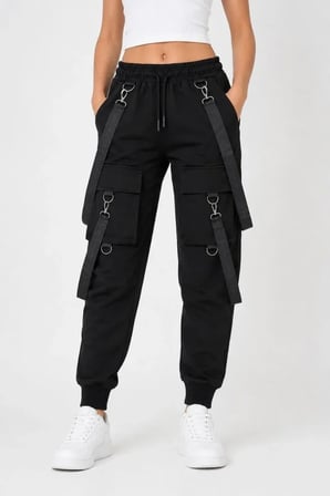 Techwear Şerit Aksesuarlı Ön Kapak Cep Detaylı Jogger Eşofman Altı - Siyah