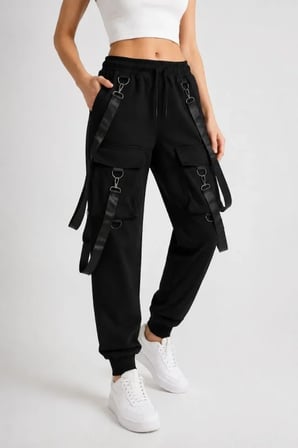 Techwear Şerit Aksesuarlı Ön Kapak Cep Detaylı Jogger Eşofman Altı - Siyah