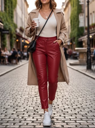 Kadın Yüksek Bel Cepli Deri Pantolon