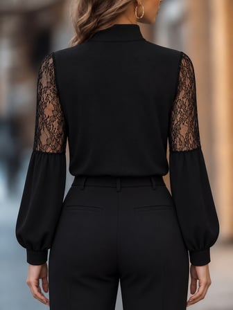 Kadın Uzun Kollu Balıkçı Yaka Dantelli Janjan Krep Bluz