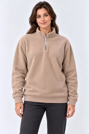 Polar Dik Yaka Yarım Fermuarlı Uzun Kollu Regular Fit Kışlık Sweatshirt - Bej