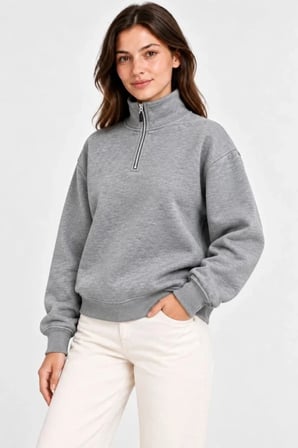 Üç İplik İçi Şardonlu Dik Yaka Yarım Fermuarlı Kışlık Sweatshirt - Grİ