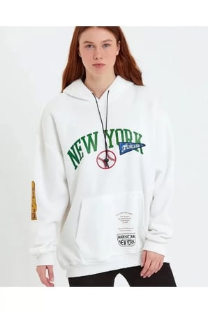 Baskılı Kapüşonlu Sweatshirt - Beyaz
