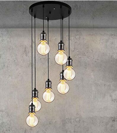 MYLİGHTS  RETRO  RUSTİK  METAL SARKIT AVİZE 7 Lİ SİYAH TABAN  GÜMÜŞ  DUY 30 CM TABAN