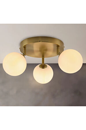 Mat Altın Eskitme Gövde 3’lü Mat Opal Beyaz Cam Küre Top Tavan Avize Modern ve Şık Tasarım