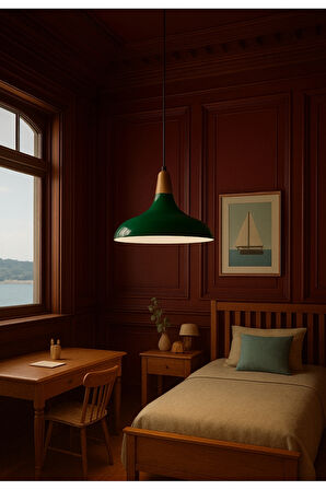 Banker Yeşili Büyük Metal Avize Ahşap Detaylı Retro Tasarım E27