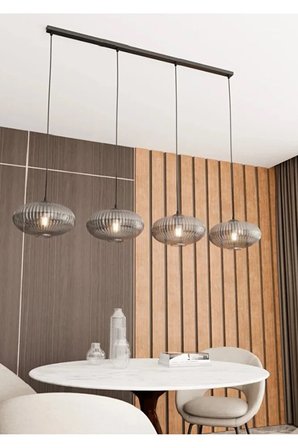 Dörtlü 4’lü Füme Elips Cam Masaüstü Sarkıt 120 cm Metal Gövde Modern E27 Tasarruflu Aydınlatma