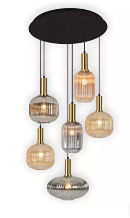 MYLİGHTS RUSTİK  ALTILI  BAL CAMLI AVİZE  KASA  40CM  SİYAH  SARKIT 