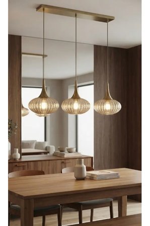 Modern Bal Rengi Elips Camlı Sıralı 3'lü Avize Mat Altın Gold Kaplama Metal Gövde