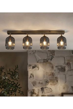 Hareketli Başlık Modern 4’lü Füme Camlı Tavan Avizesi Mat Altın Gold Metal Gövde