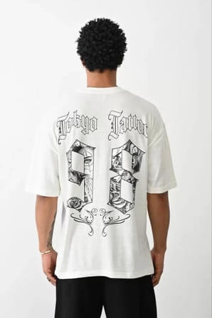 MYTHRIVA  Unisex Baskılı Oversize T-Shirt - Beyaz