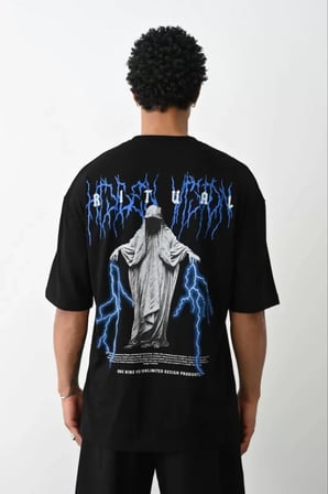 MYTHRIVA  Unisex Baskılı Oversize T-Shirt - Siyah