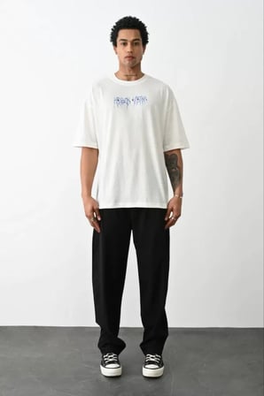 MYTHRIVA  Unisex Baskılı Oversize T-Shirt - Beyaz