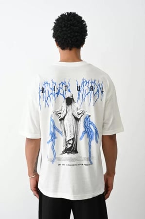 MYTHRIVA  Unisex Baskılı Oversize T-Shirt - Beyaz