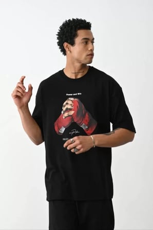 MYTHRIVA  Unisex Baskılı Oversize T-Shirt - Siyah