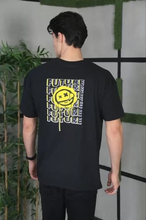 MYTHRIVA  Unisex Bisiklet Yaka Baskılı Oversize T-Shirt - Siyah