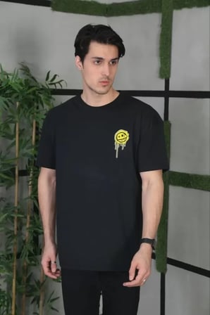 MYTHRIVA  Unisex Bisiklet Yaka Baskılı Oversize T-Shirt - Siyah