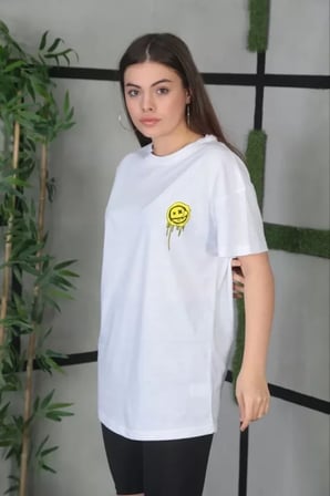 MYTHRIVA  Unisex Bisiklet Yaka Baskılı Oversize T-Shirt - Beyaz