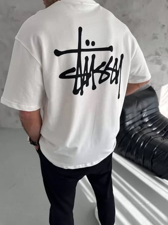 MYTHRIVA  Unisex Bisiklet Yaka Baskılı Oversize T-Shirt - Beyaz